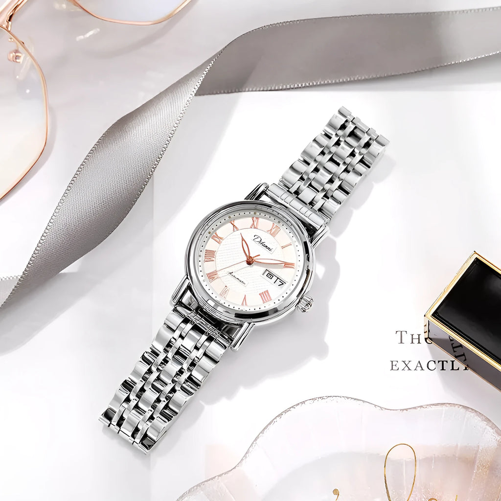 Women's fashion automatic mechanical watch with choice of steel or leather strap.