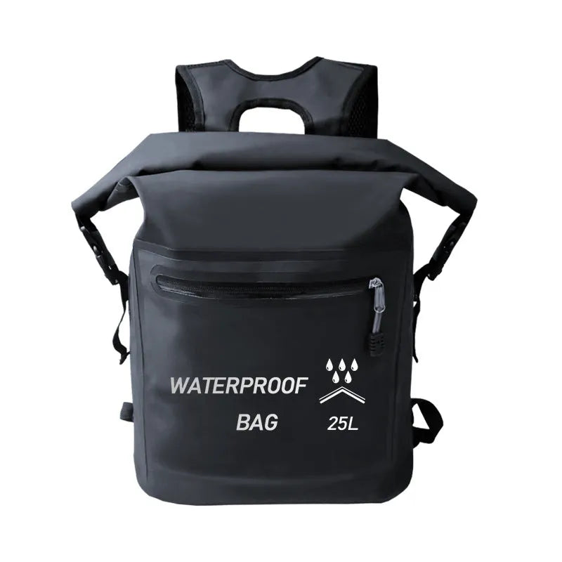Black 25 litre waterproof backpack with mesh external clips for outdoor water activities