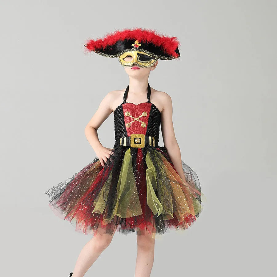 Girls sleeveless pirate Halloween dress costume with sequin, mesh, and lace decoration.