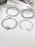 Four-piece retro metal chain bracelet set with square diamond geometric shapes in gold or silver alloy for women