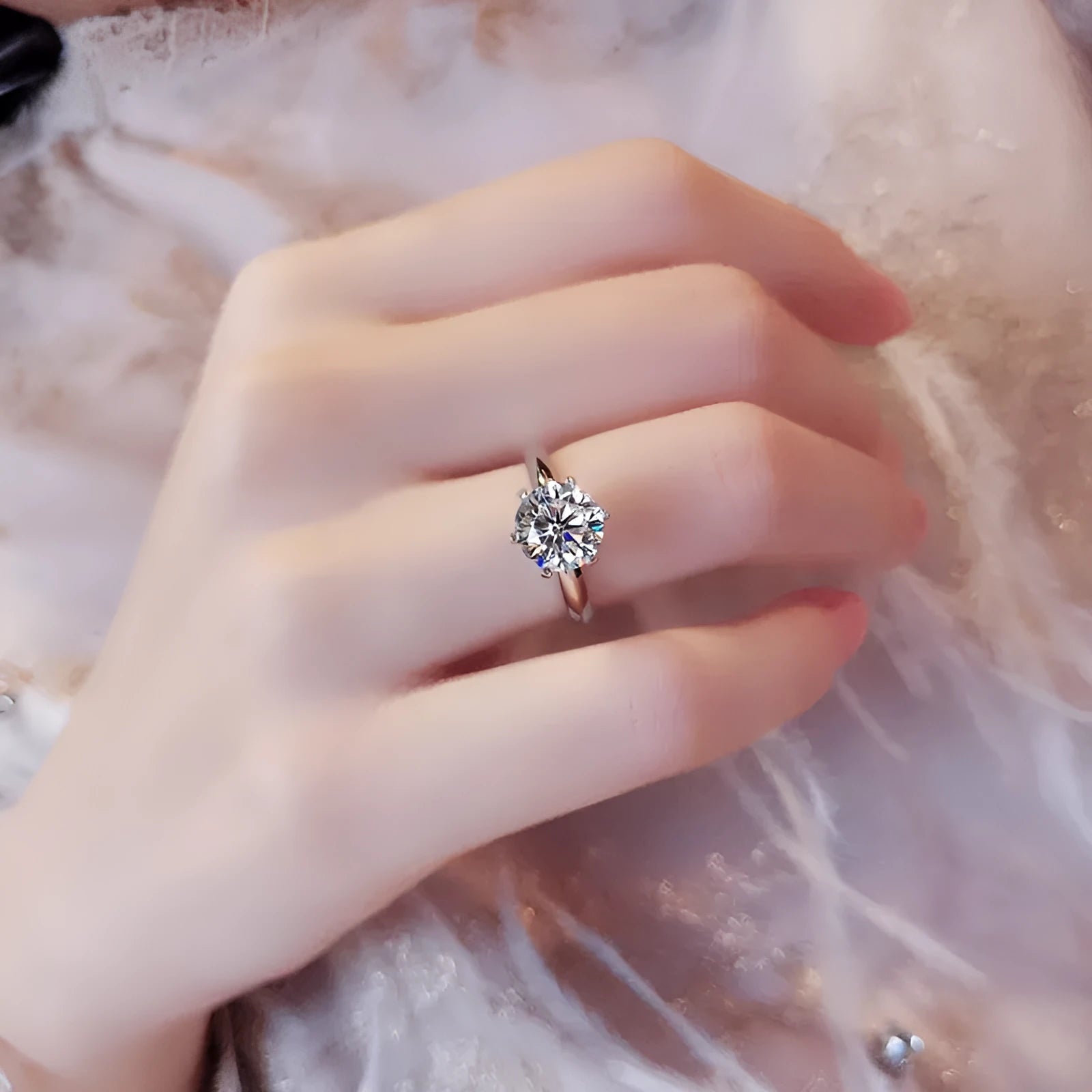 White gold plated copper ring with six-claw set zircon stone, geometric shape.