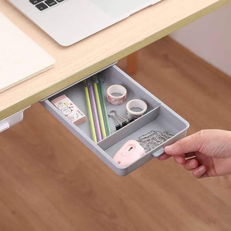 Adhesive plastic storage drawer box for under-table mounting in solid colours