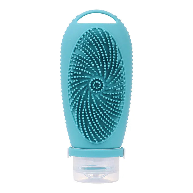 Silicone bath brush storage bottle in various colours showing 100ml capacity for bathroom organisation.