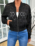 Women's black geometric pattern casual jacket with semi-transparent thread zipper and long sleeves