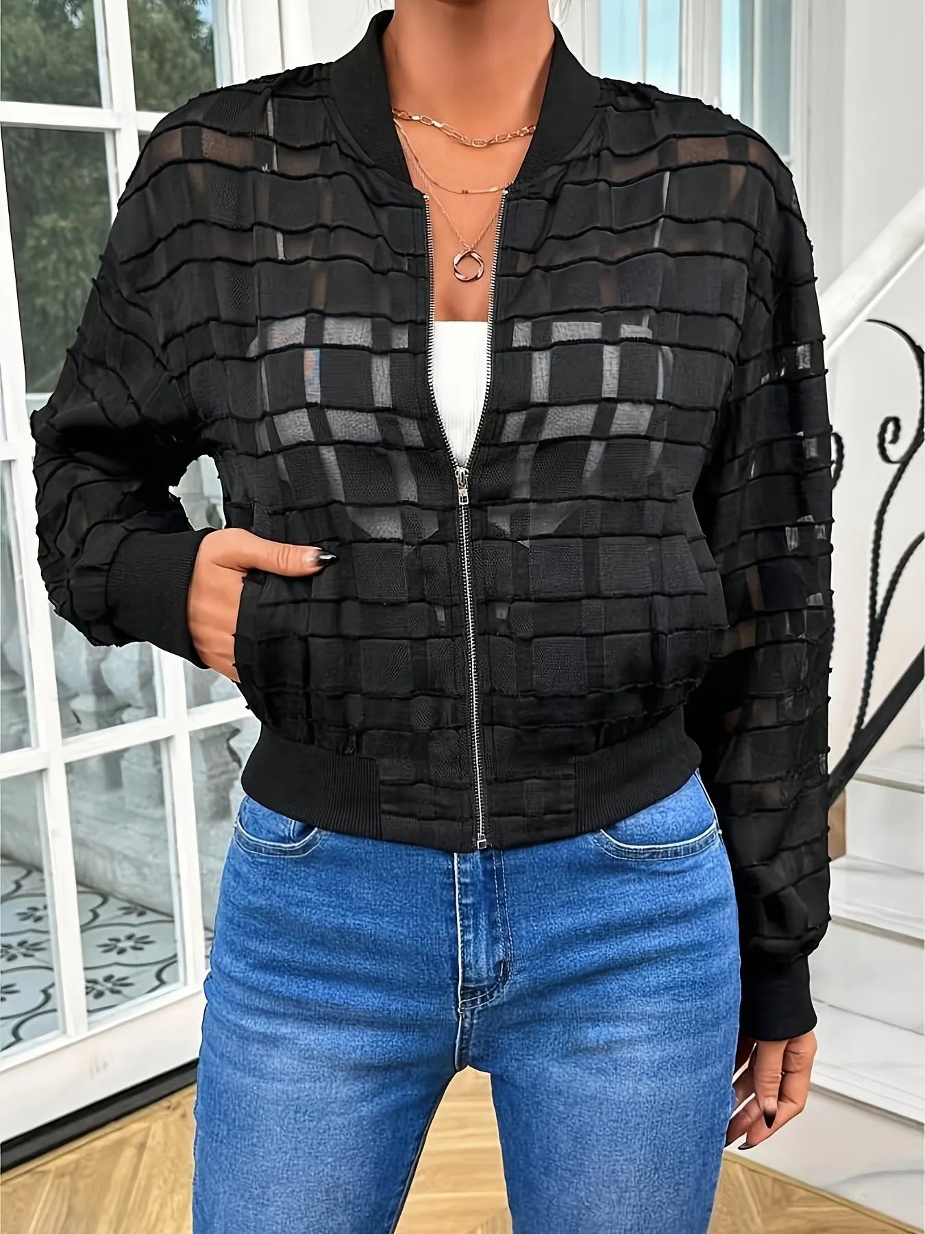 Women's black geometric pattern casual jacket with semi-transparent thread zipper and long sleeves