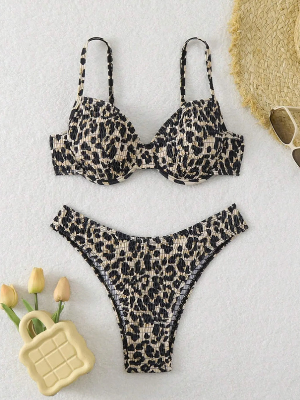Women's leopard point bikini swimsuit with backless design in brown mixed colour