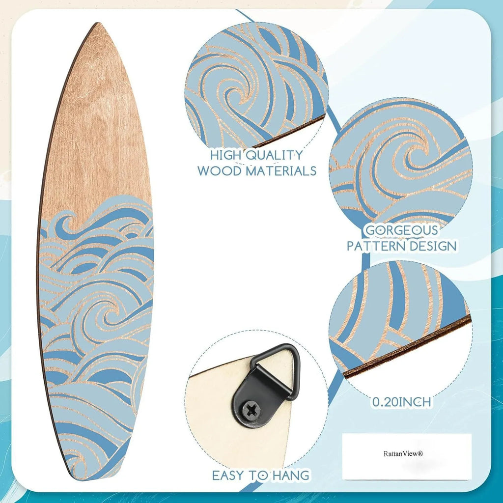 Three wooden surfboard-shaped wall decorations displayed together