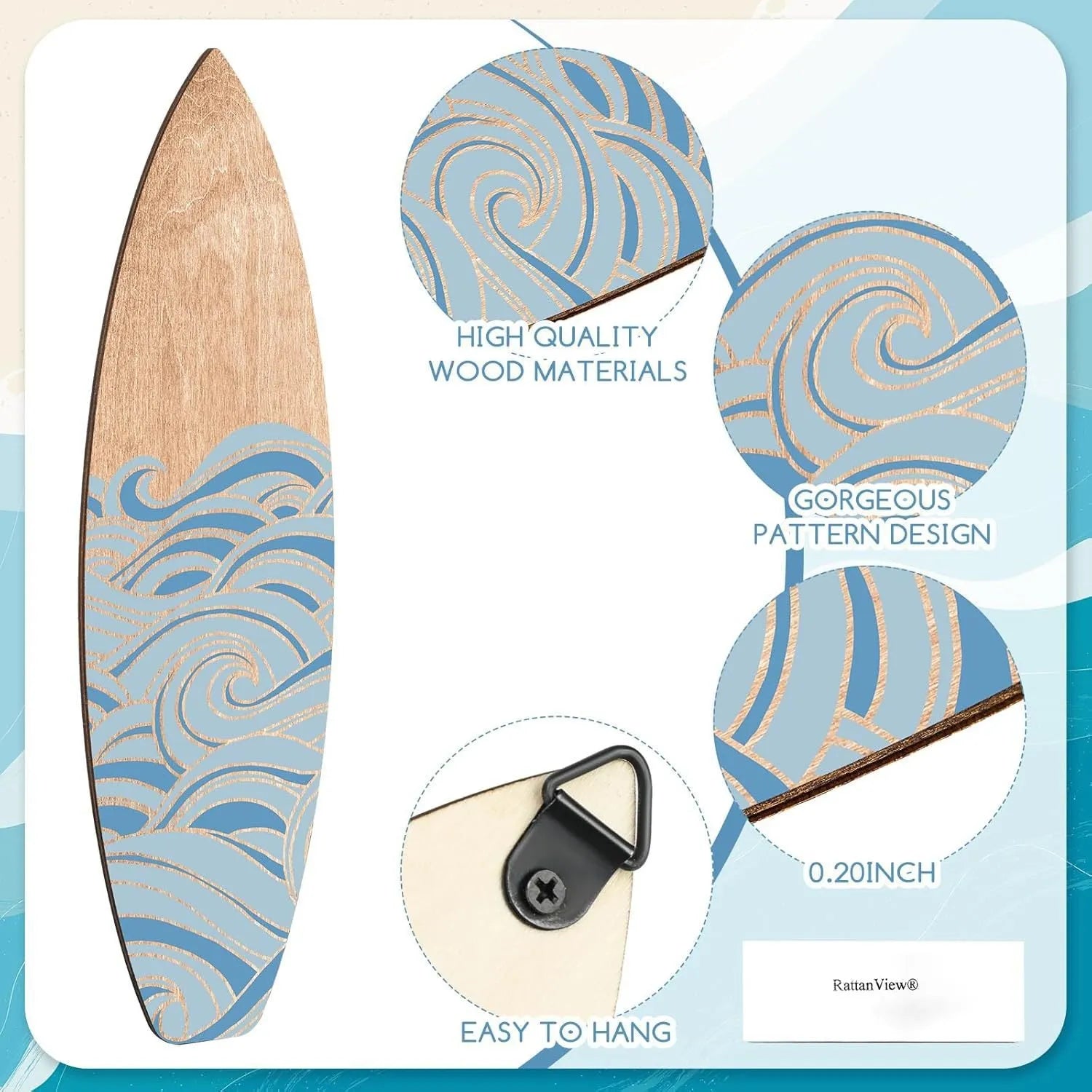Three wooden surfboard-shaped wall decorations displayed together