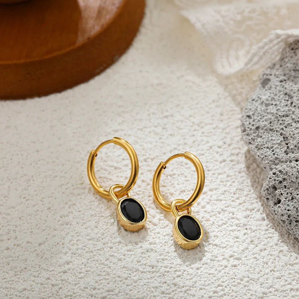 Women's retro oval zircon copper earrings in geometric design showing six colour options