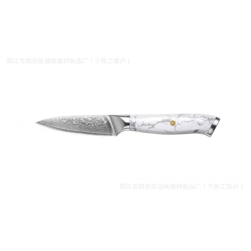 Damascus pattern VG10 steel combined chef knife with 21cm blade on wooden surface