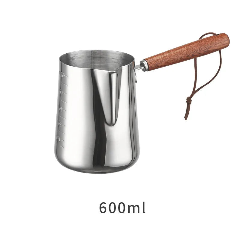 Stainless steel coffee cup with volume measurement scale and wooden handle in three capacity sizes