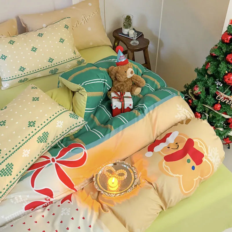 Christmas style four-piece bedding set with Gingerbread Man cartoon print on super soft washed cotton