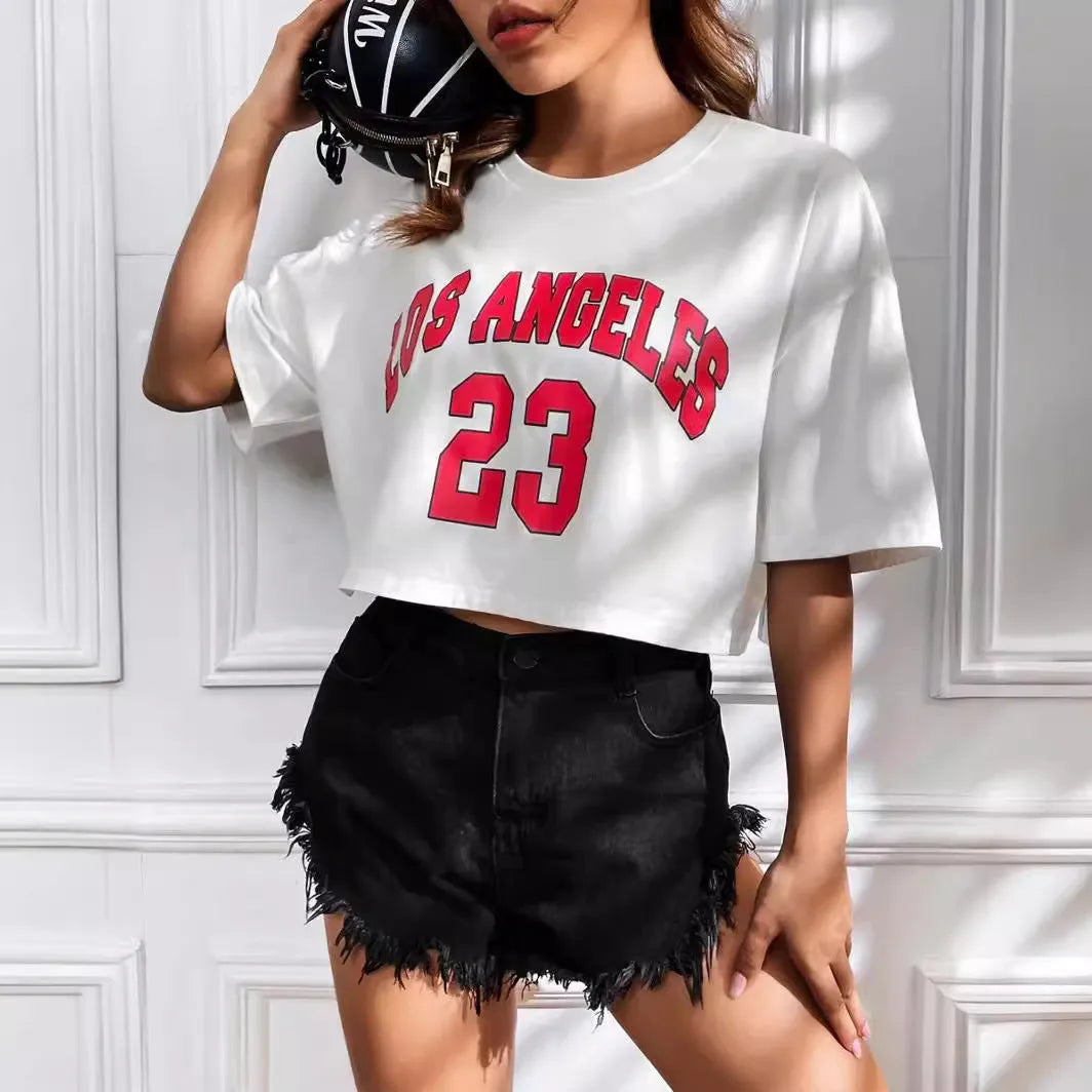 Women's personalised cotton T-shirt with custom English letters in loose Korean casual crop style