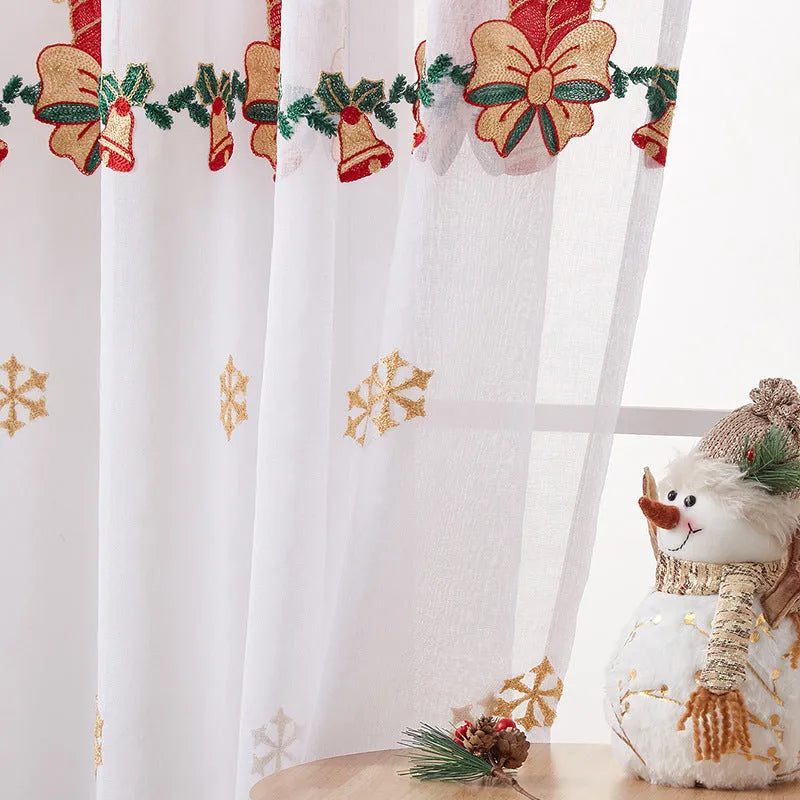 Pair of red and white Christmas curtains with embroidered snowflake pattern