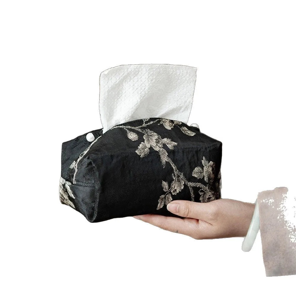 New Chinese style brocade tissue box cover with embroidered white plum pattern, shown with and without a pearl buckle.