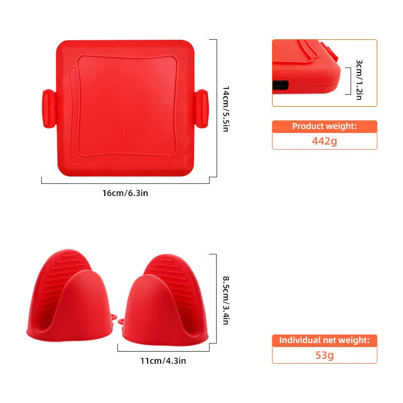 Red silicone baking tray with hand clamp attachment showing anti-scald design