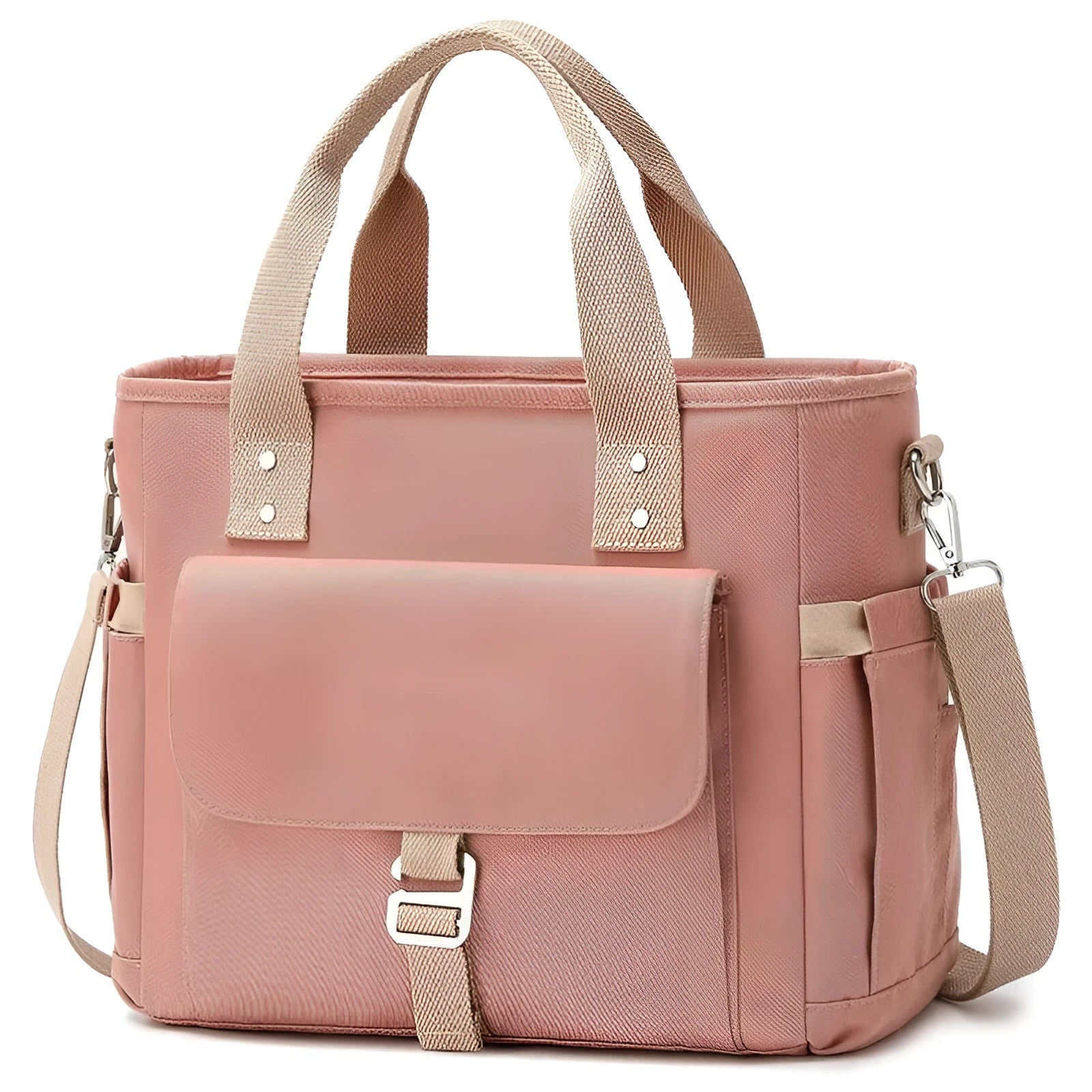 Insulated cube-style hiking bag with removable shoulder strap and side pocket in Oxford cloth