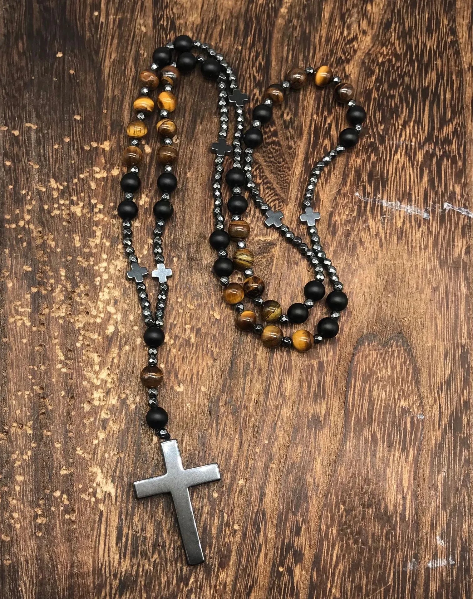 Men's stone cross pendant necklace with ball bead chain and safety lock clasp