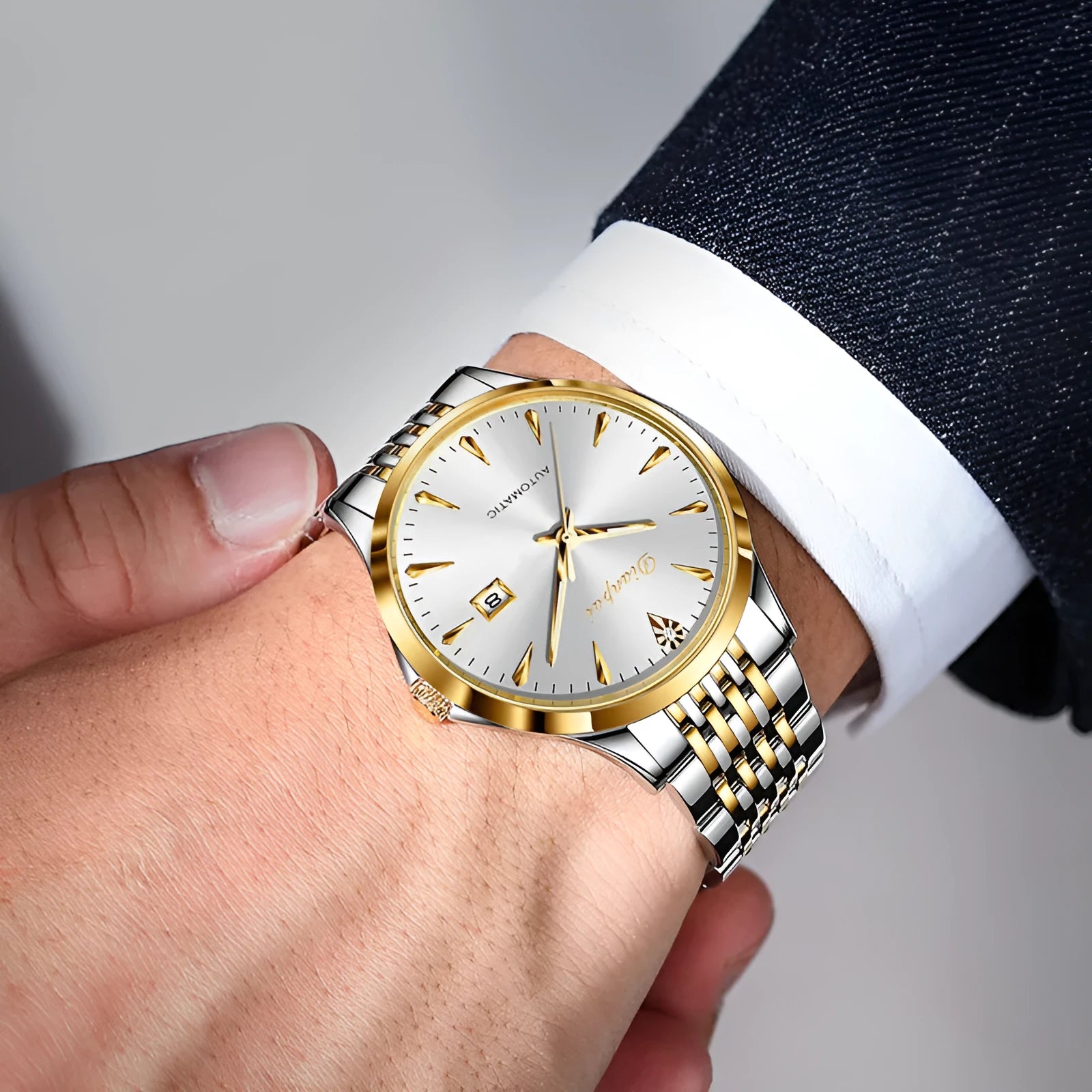 Men's simple dial automatic mechanical watch with stainless steel strap and mineral glass