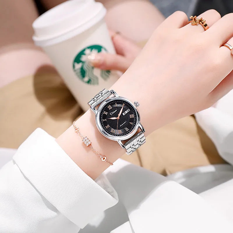 Women's fashion automatic mechanical watch with choice of steel or leather strap.