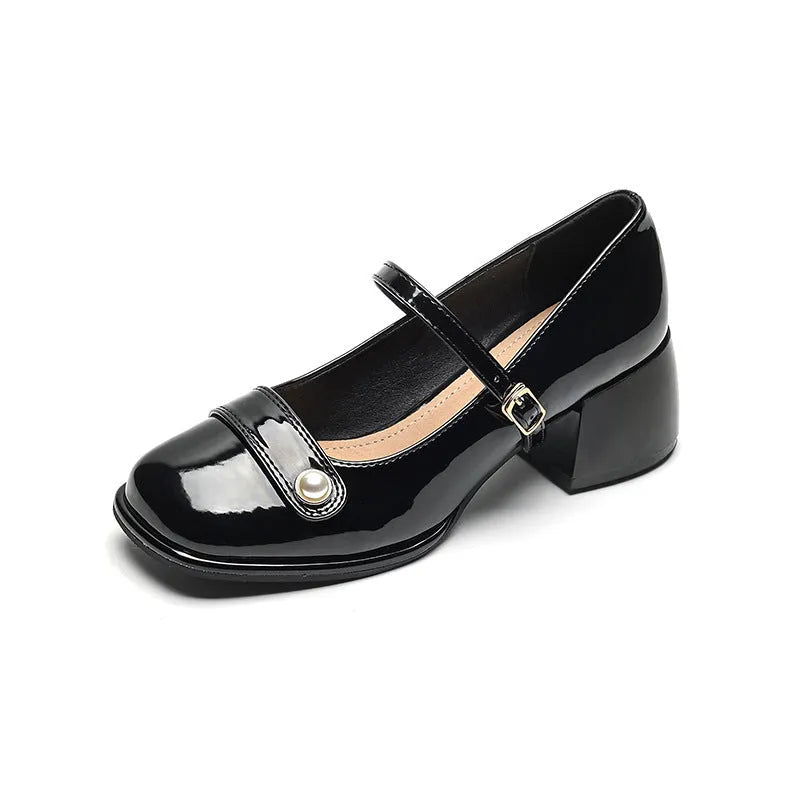 Women's patent leather chunky heel ankle boots with buckle fastening and square toe in three colour options