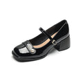Women's patent leather chunky heel ankle boots with buckle fastening and square toe in three colour options