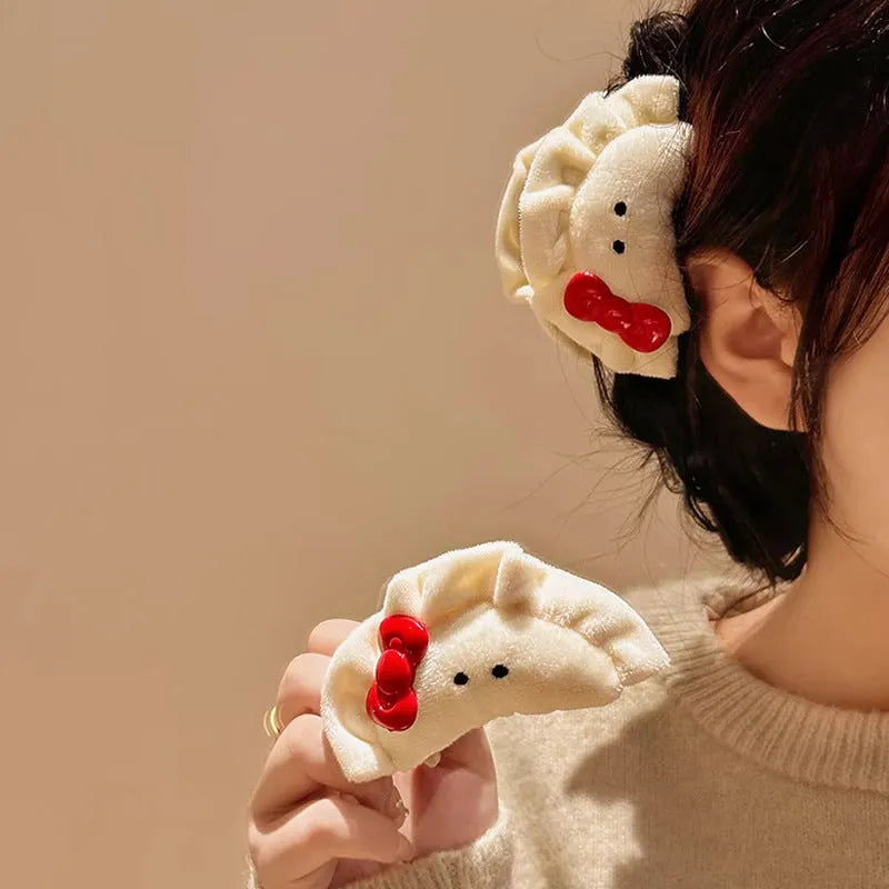 Cute plush dumpling grip barrette with bowknot for women hair accessories.