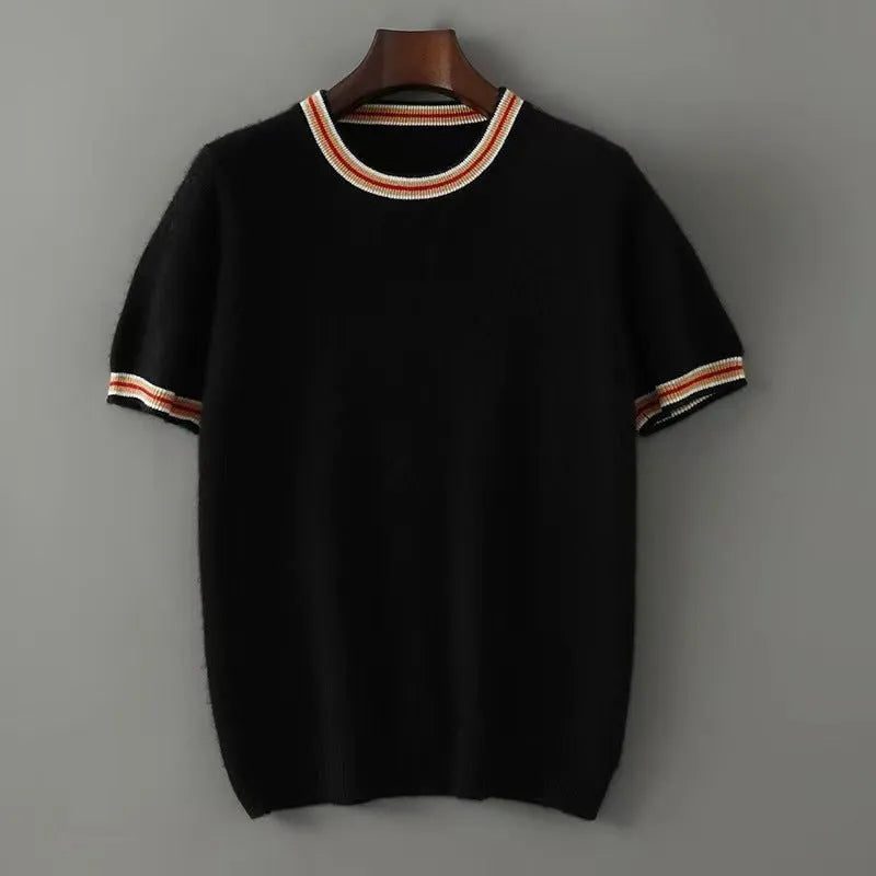 Men's round neck pure wool short sleeve sweater in grey showing regular sleeves and standard wool texture