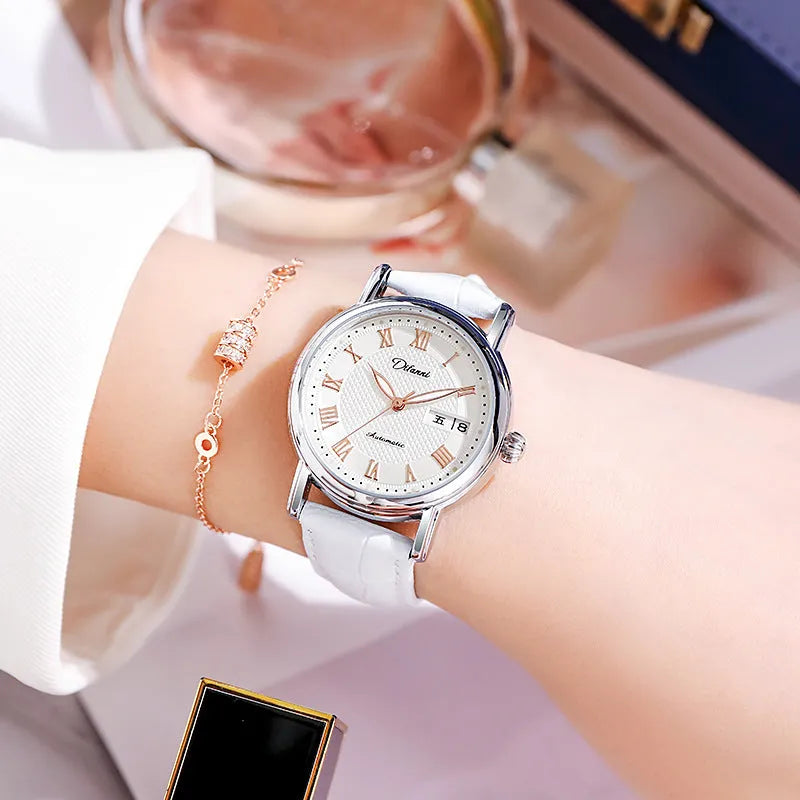 Women's fashion automatic mechanical watch with choice of steel or leather strap.
