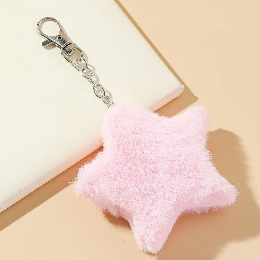 Zinc alloy five-pointed star plush key chain pendant in modern simple style, front view