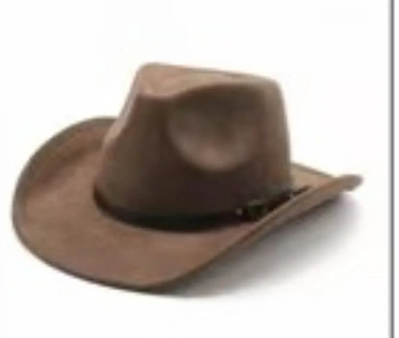 Brown leather velvet curved edge Western cowboy hat with a conical crown on a table.
