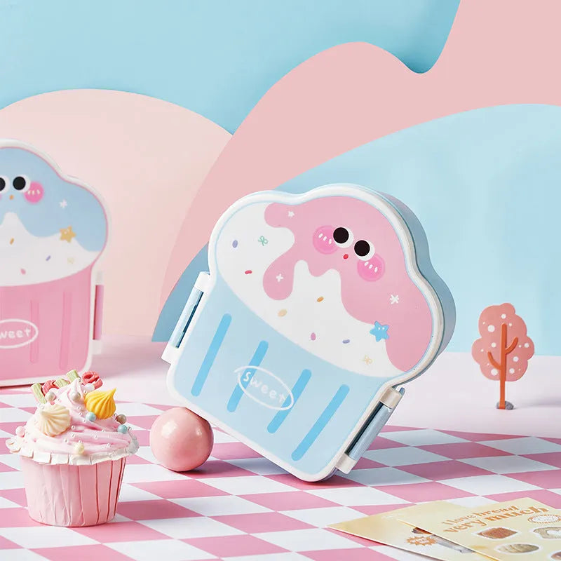 Pink and blue ice cream shaped plastic lunch box with spoon and fork included