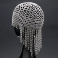 Handmade alloy belly dance hat with beaded tassels in silver or black mesh for women