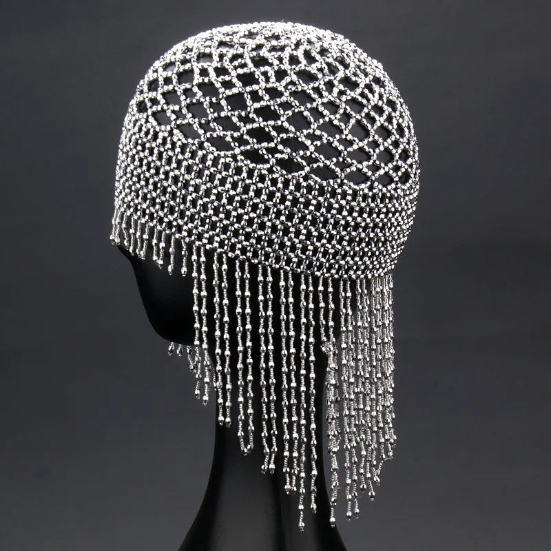 Handmade alloy belly dance hat with beaded tassels in silver or black mesh for women