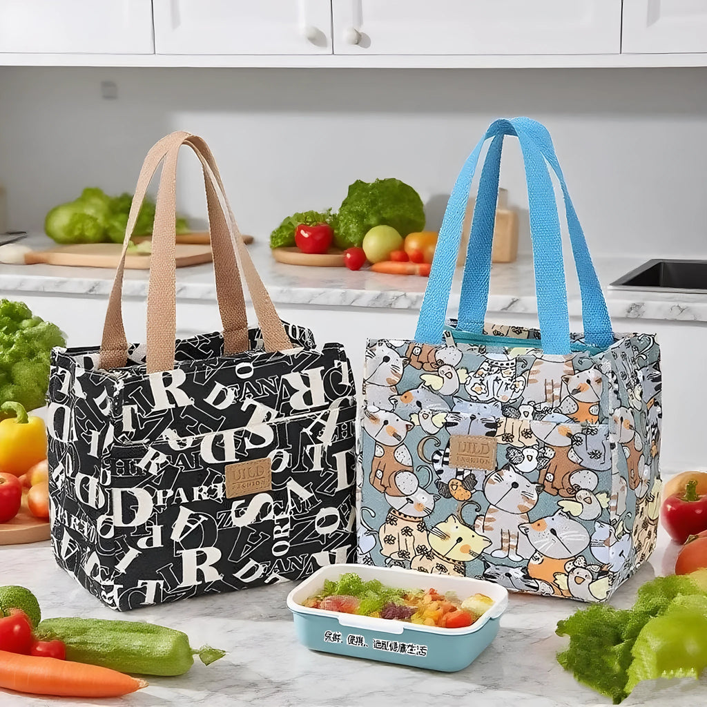 Women's printed canvas tote bag with aluminium frame showing horizontal square shape and floral pattern design