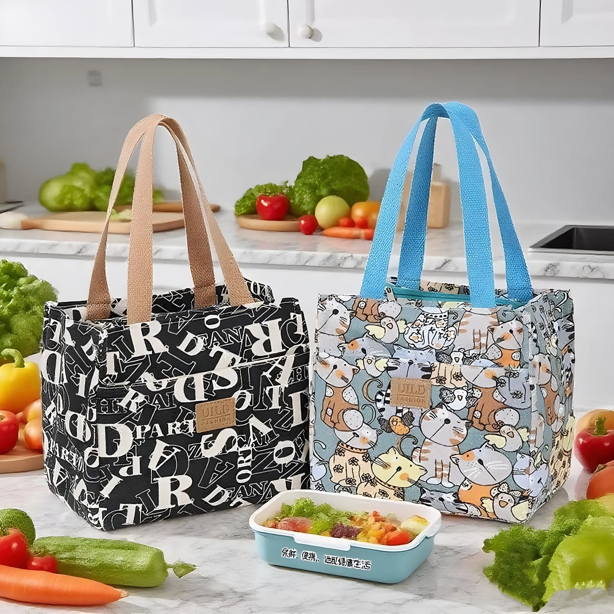 Women's printed canvas tote bag with aluminium frame showing horizontal square shape and floral pattern design