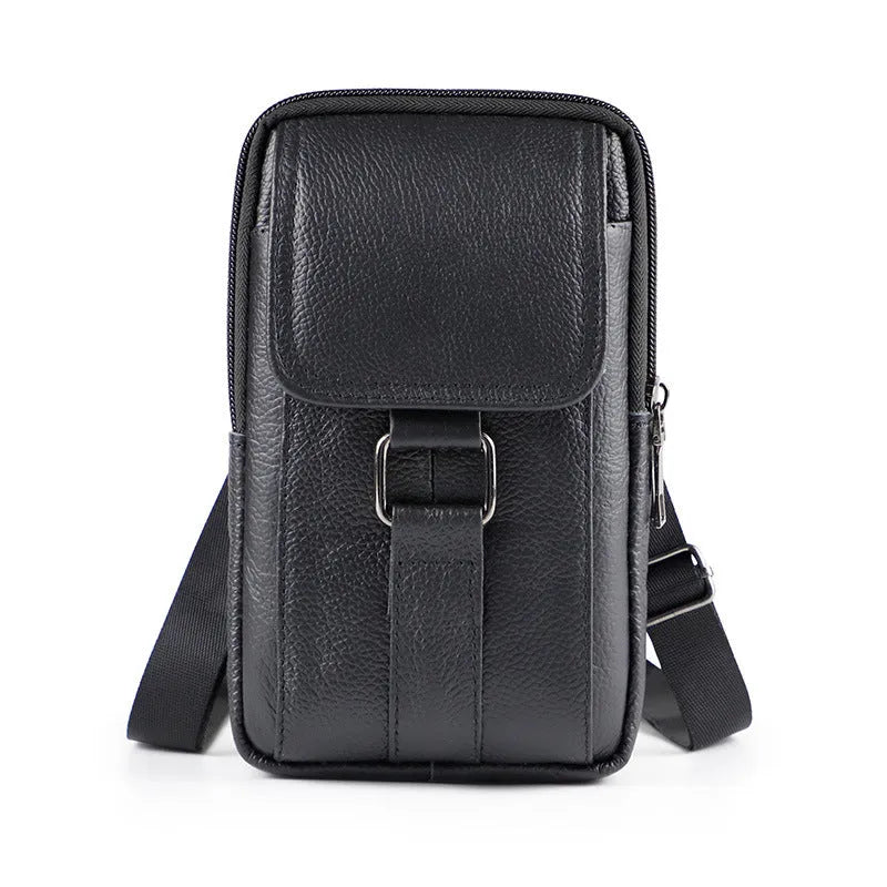 Men's black genuine leather waist crossbody bag with lock closure and vertical square design
