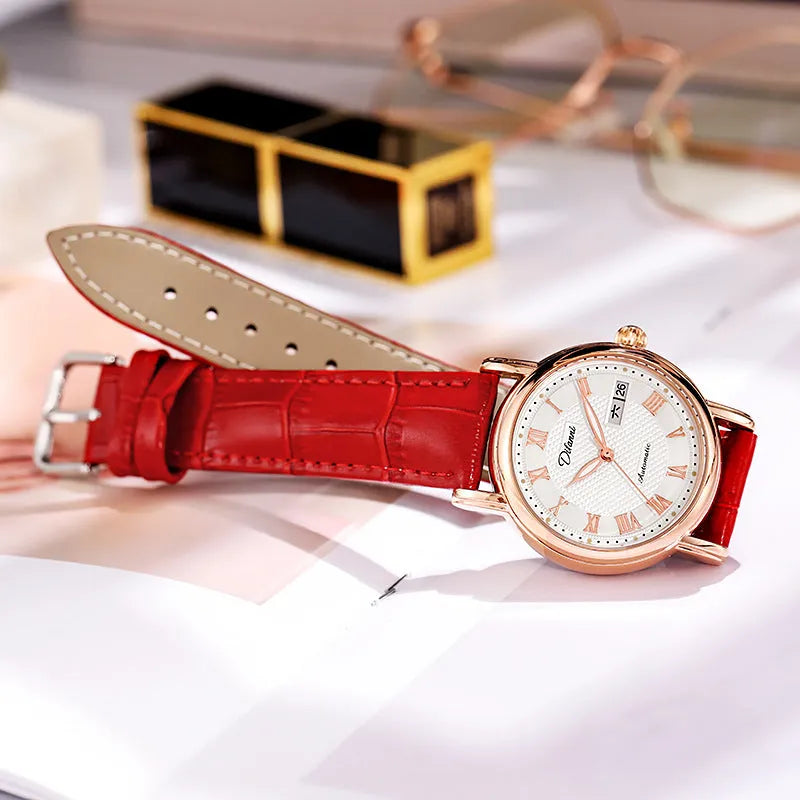 Women's fashion automatic mechanical watch with choice of steel or leather strap.