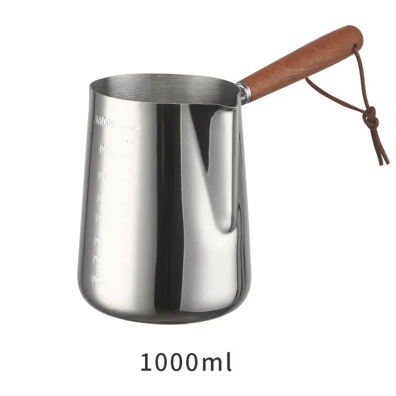 Stainless steel coffee cup with volume measurement scale and wooden handle in three capacity sizes