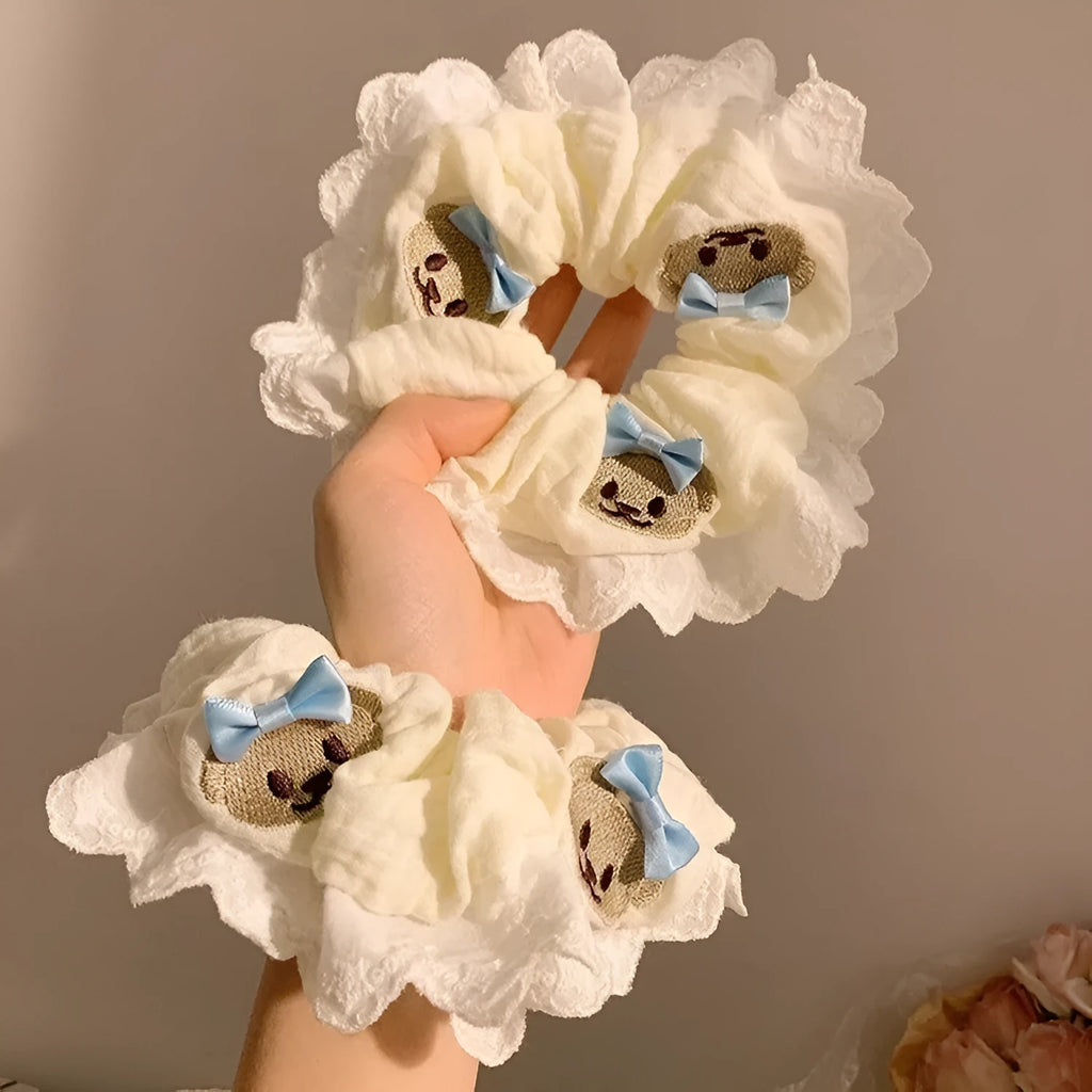 Blue bear bow lace decoration on high elasticity cloth large intestine hair ring