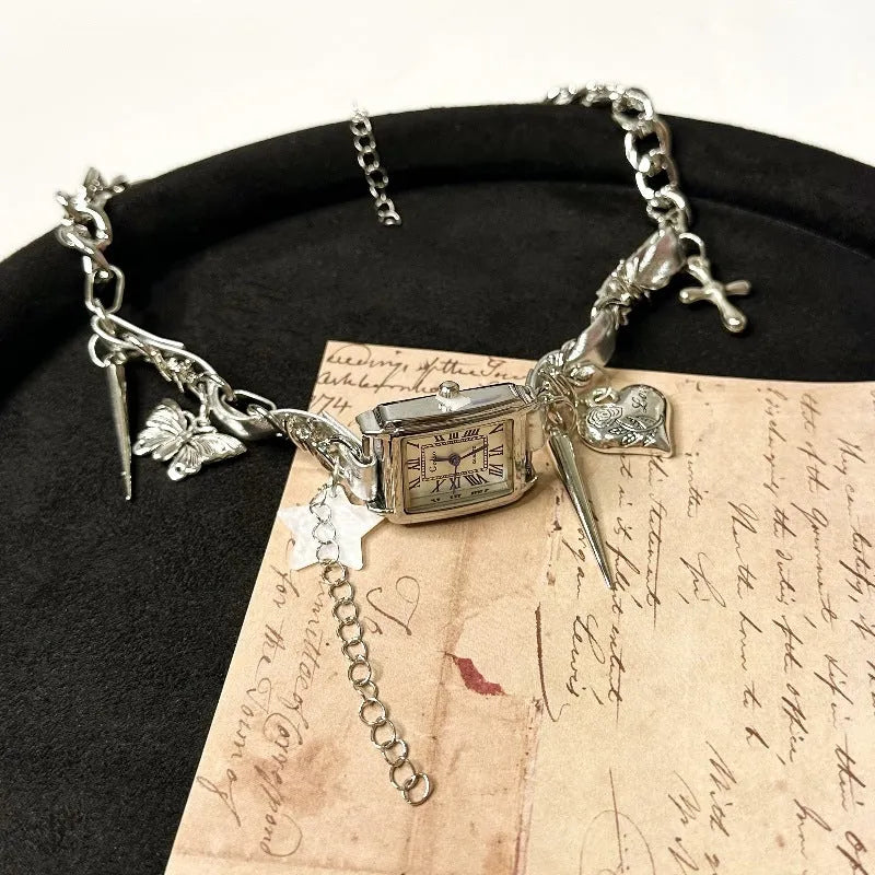 Dark style multi-layer cross necklace with hemp flowers chain adjustable 41-50cm electroplated alloy