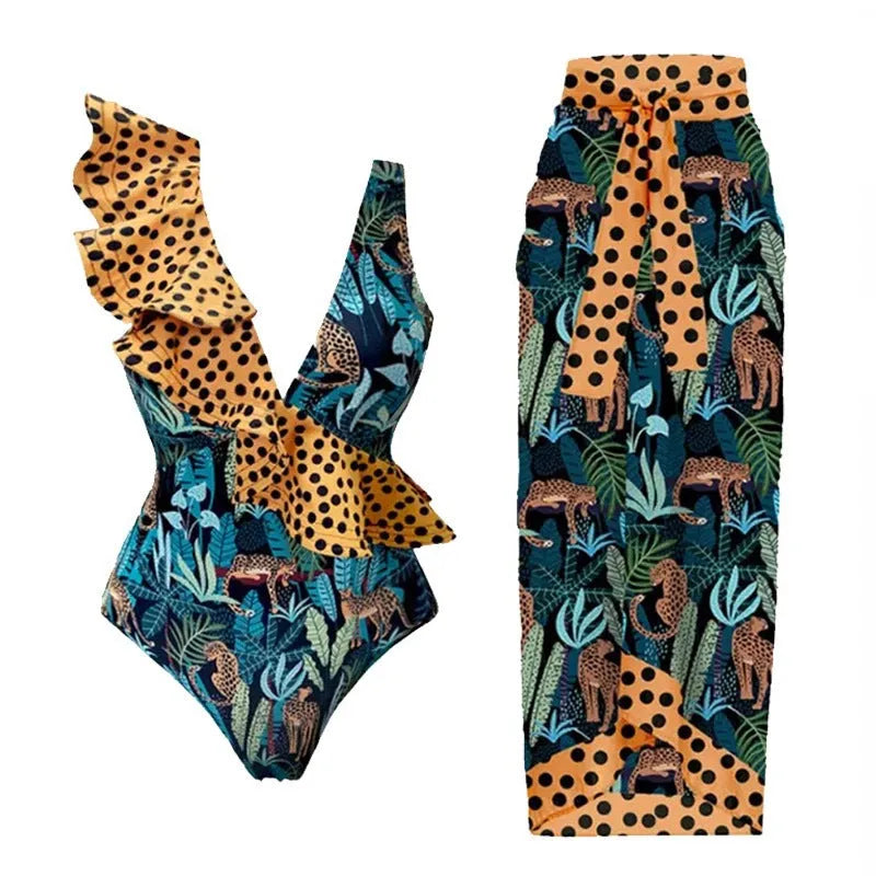 Women's solid colour one-piece swimsuit with removable skirt and spaghetti straps