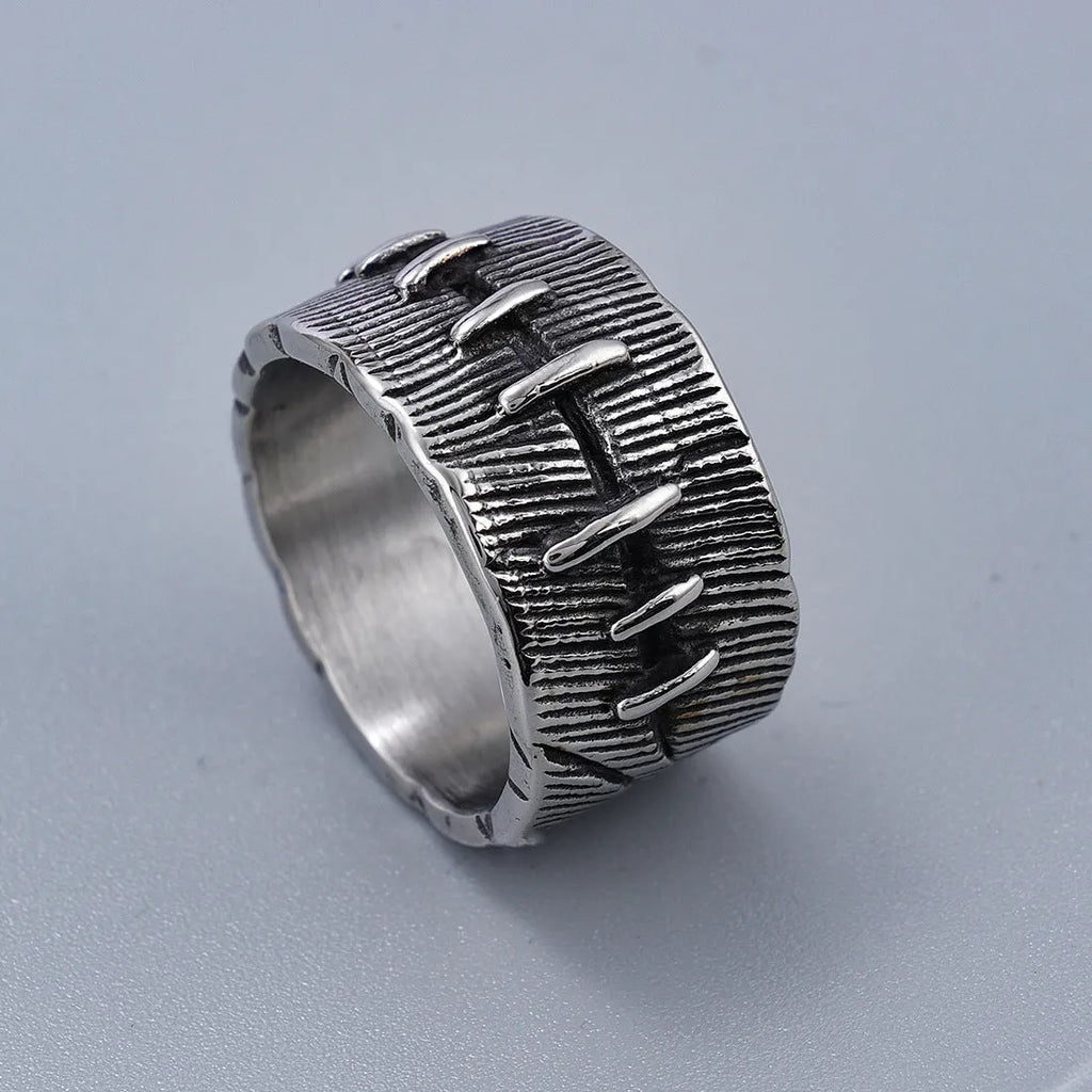 Dark geometric U-shaped titanium steel ring with double ring punk design in retro colour