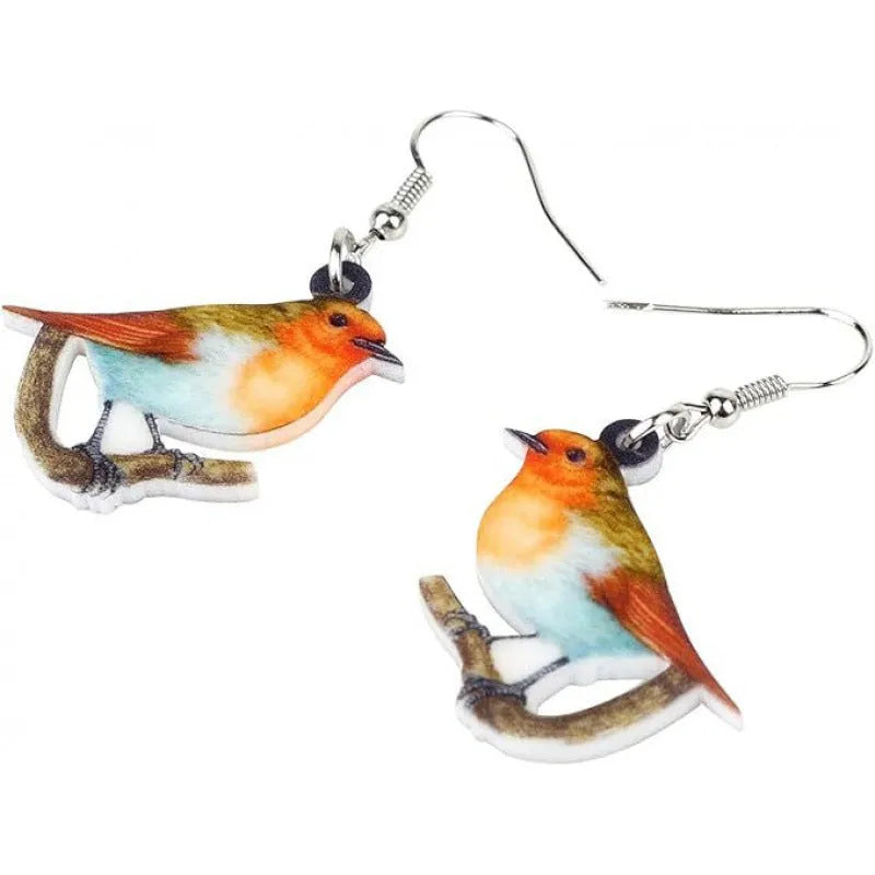 Acrylic blue titmouse geometric animal pendant earrings with snake chain details