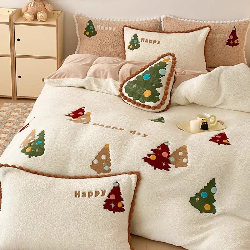 Bright yellow Christmas tree cartoon pattern fleece-lined four-piece bedding set with embroidery