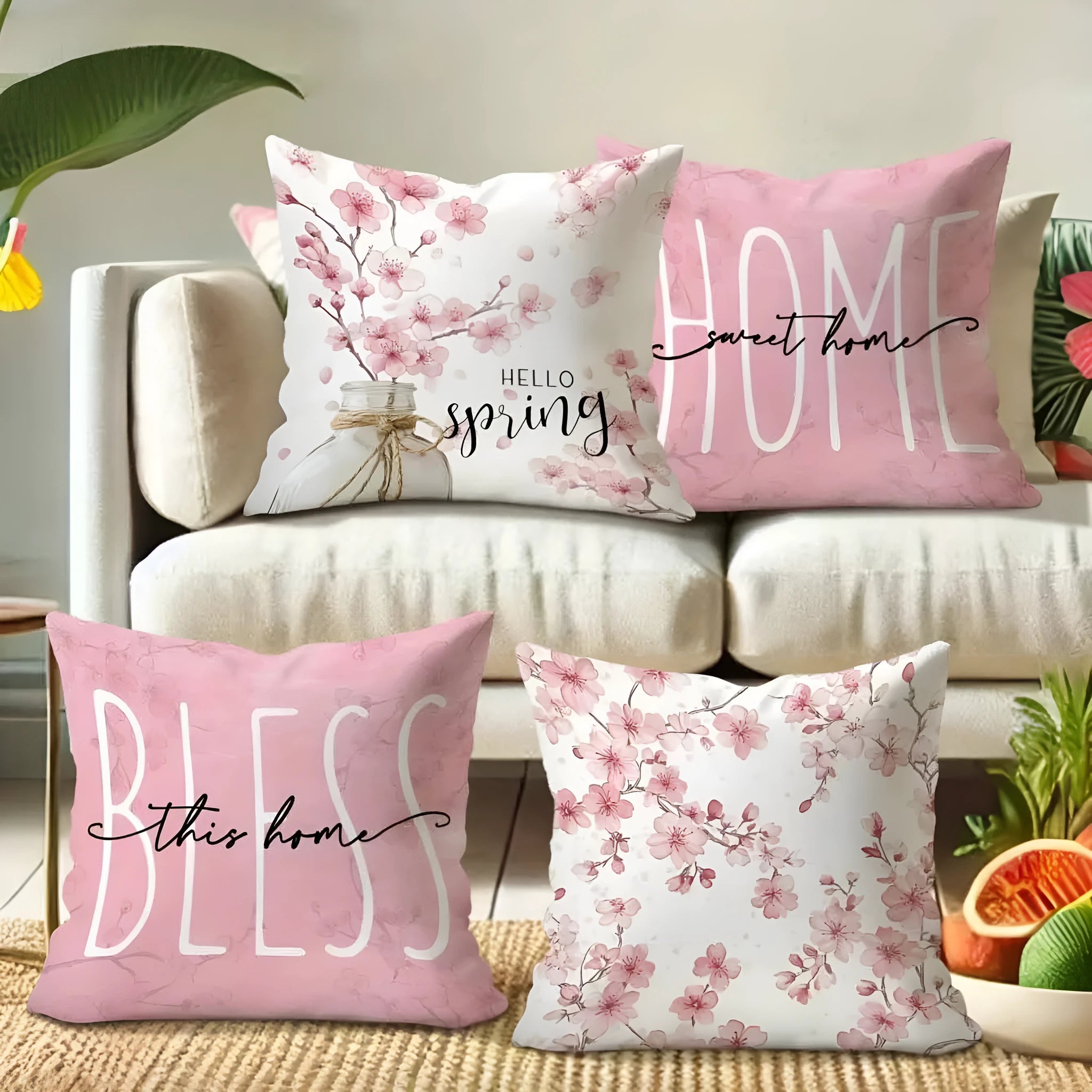 Short velvet cushion cover with cherry blossom letter print, 45cm square, shown in one of four colours.