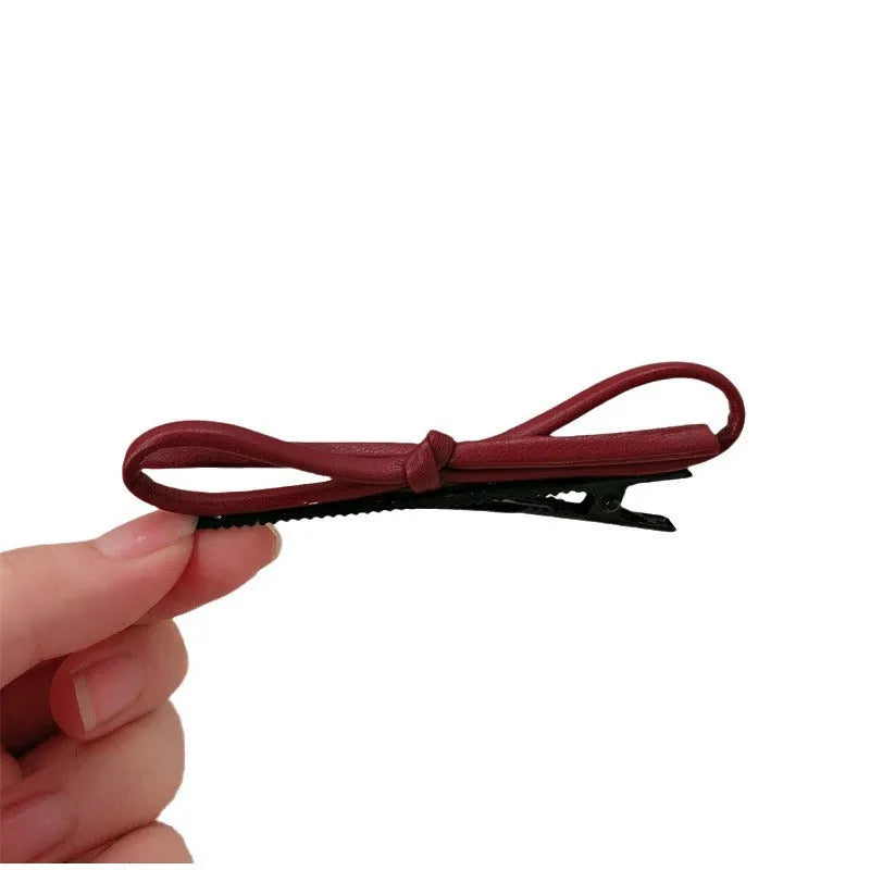 Wine red leather bow barrette hair clip for women available in single or pair pack