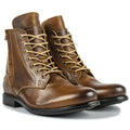 Men's black and brown two-tone leather boots with a side zip and low heel.