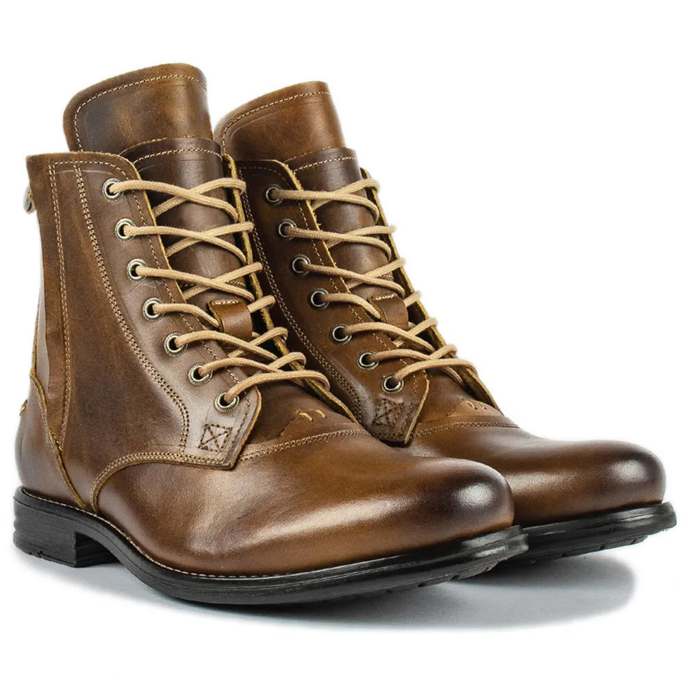 Men's black and brown two-tone leather boots with a side zip and low heel.