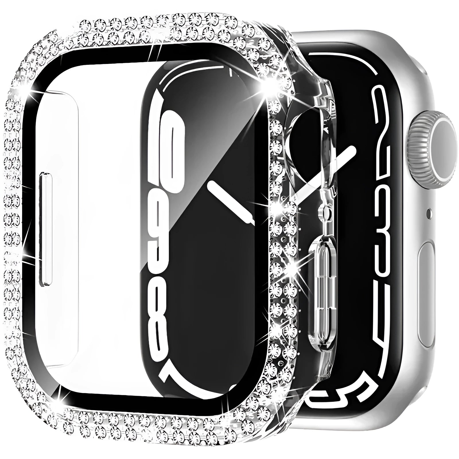 Apple Watch case with double diamond glass screen protector in rose pink colour for a 44mm model.